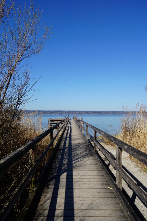 Ein leerer Holzsteg führt über einen ruhigen See, umgeben von Gras und strahlend blauem Himmel.