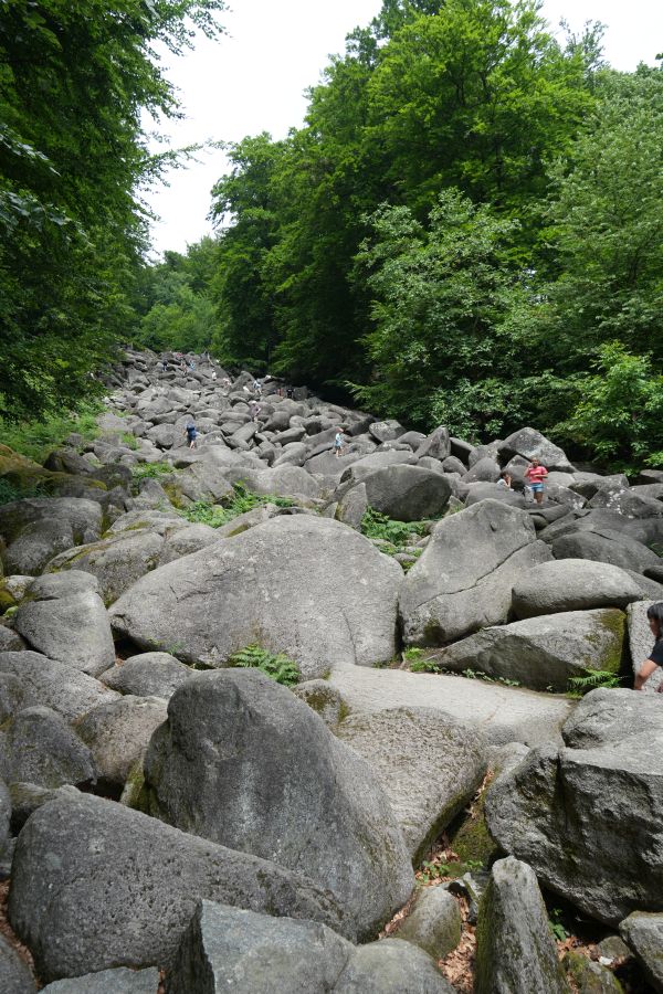 A rocky landscape with large boulders and green trees, featuring several people navigating through the stone formation.