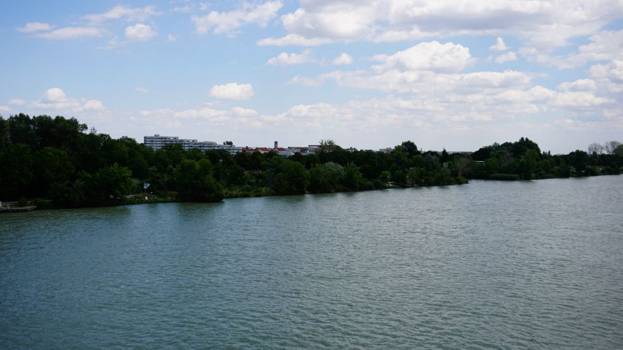 Blick auf die Donau und die darunterliegende Uferlandschaft mit Bäumen und Wolken am Himmel.
