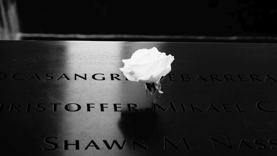 Weiße Rose auf einer Gedenktafel am 9/11 Memorial in Schwarzweiß.