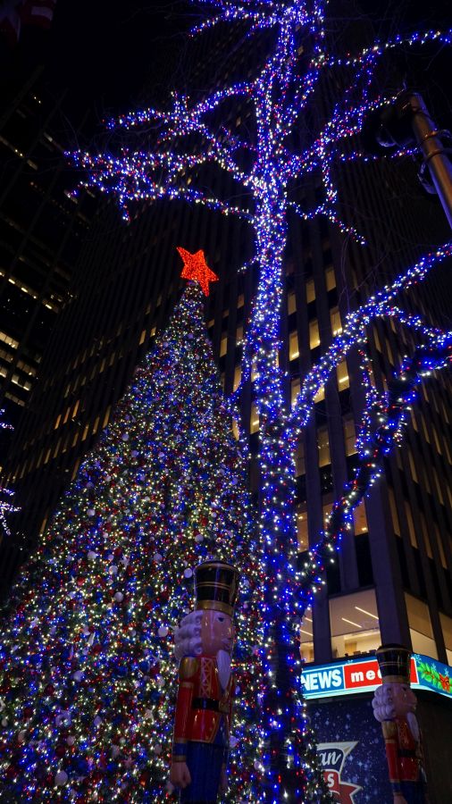 Weihnachtsbaum mit farbigen Lichtern und einem roten Stern, umgeben von festlich beleuchteten Bäumen und Weihnachtsfiguren.