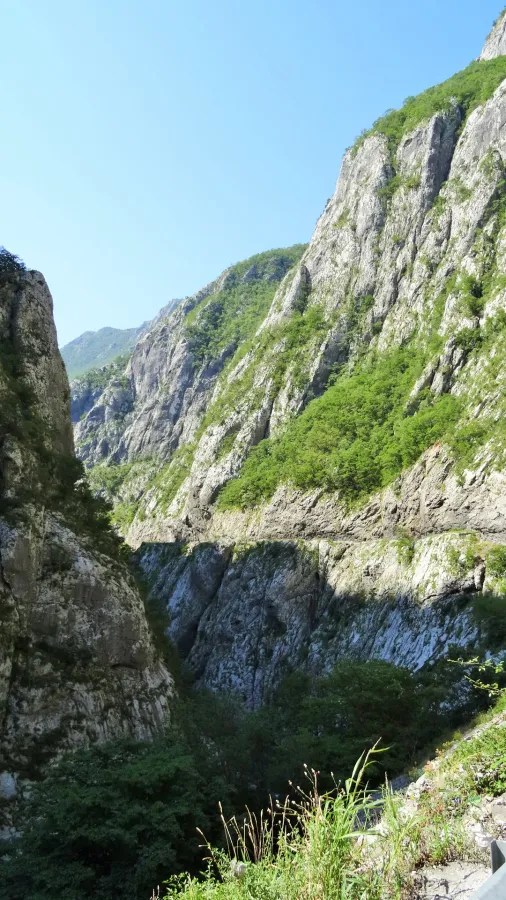 Eine beeindruckende Schlucht mit steilen, bewaldeten Felsen unter einem klaren blauen Himmel.
