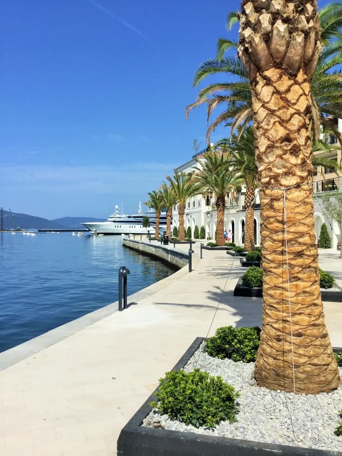 Promenade mit Palmen und Blick auf ein Boot im Wasser, umgeben von modernen Gebäuden in Tivat, Montenegro.