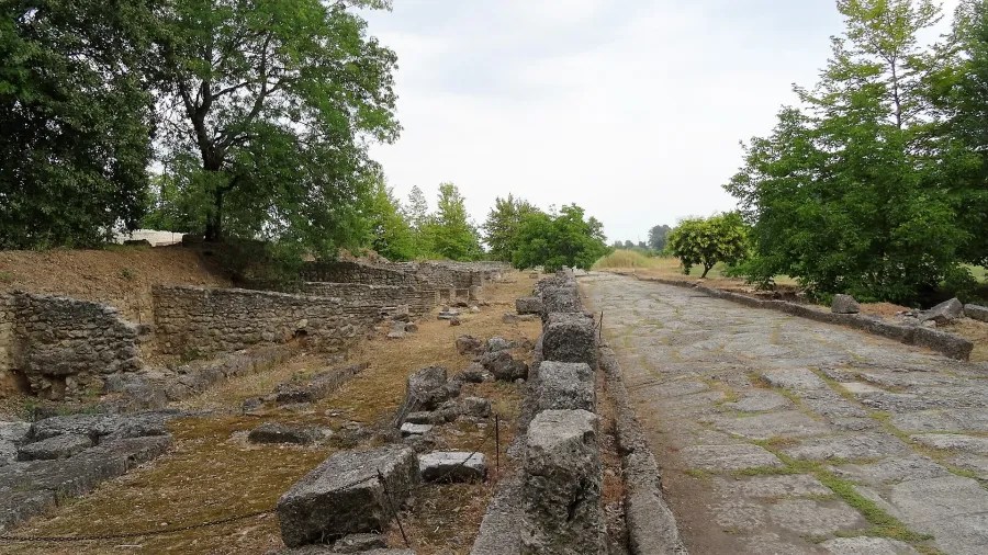 Blick auf die Überreste einer antiken Straße, umgeben von Bäumen und grünem Bewuchs, unter einem bewölkten Himmel.
