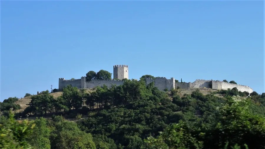 Ein Blick auf eine alte Burgruine, die auf einem Hügel liegt, umgeben von Bäumen und einem klaren blauen Himmel.