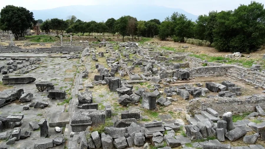 Überblick über die Ruinen einer antiken archäologischen Stätte mit verstreuten Steinen und Säulen, umgeben von Bäumen und sanften Hügeln im Hintergrund.