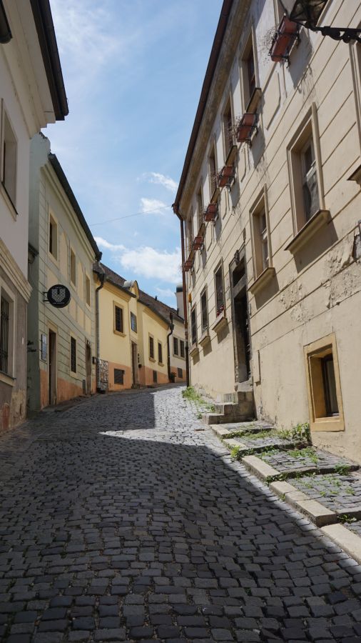 Enge, gepflasterte Straße mit historischen Gebäuden in sanften Farben und einem blauen Himmel im Hintergrund.