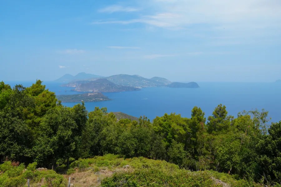 Panoramablick auf die Liparischen Inseln mit üppigem Grün im Vordergrund und dem blauen Meer im Hintergrund unter einem klaren Himmel.