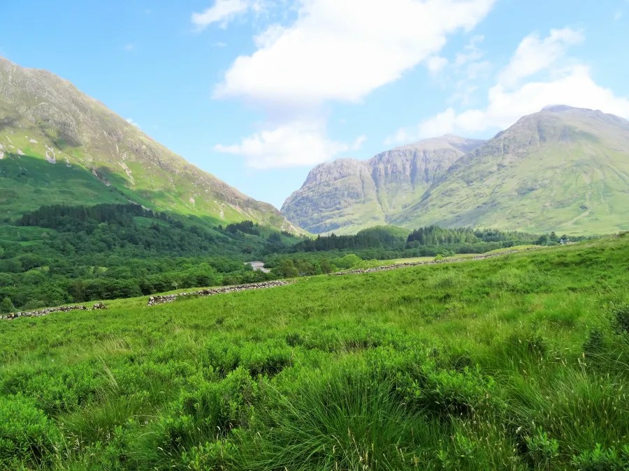 Ein Blick auf die majestätischen grünen Berge und die weite Wiese in den schottischen Highlands unter blauem Himmel mit weißen Wolken.