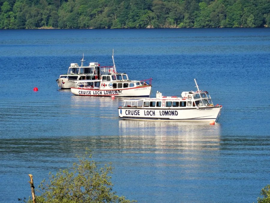 Drei Boote im Loch Lomond mit der Aufschrift 'CRUISE LOCH LOMOND' schwimmen auf dem ruhigen Wasser, umgeben von grünen Ufern.