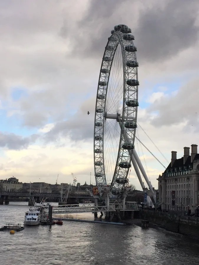 Das London Eye, ein großes Riesenrad, ragt über den Themse und ist umgeben von grauen Wolken. Am Ufer sind Boote und die Architektur der Stadt sichtbar.