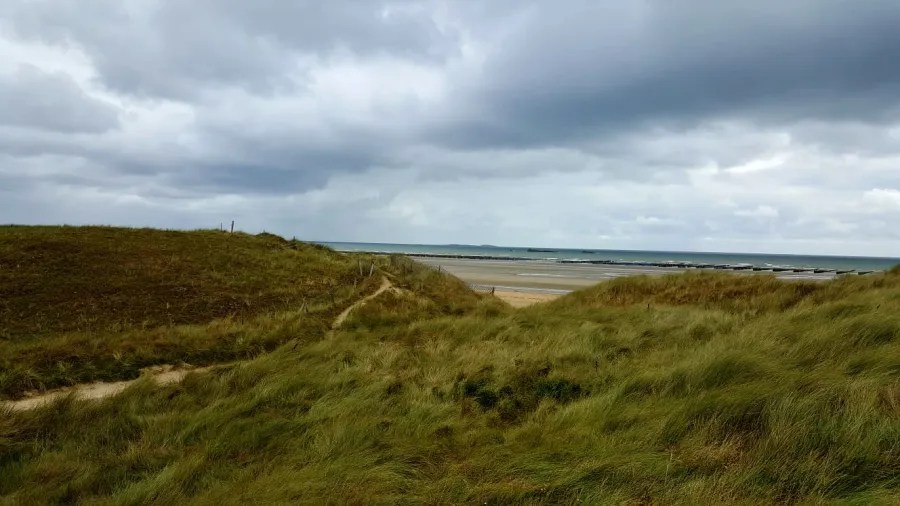 Blick auf die grasbewachsene Küste mit sanften Hügeln, unter einem bewölkten Himmel, der die Meereshorizont umrahmt.