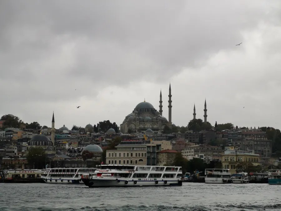 Blick auf die Skyline von Istanbul mit einer großen Moschee, umgeben von traditionellen Gebäuden und mehreren Booten im Wasser, unter einem bewölkten Himmel.