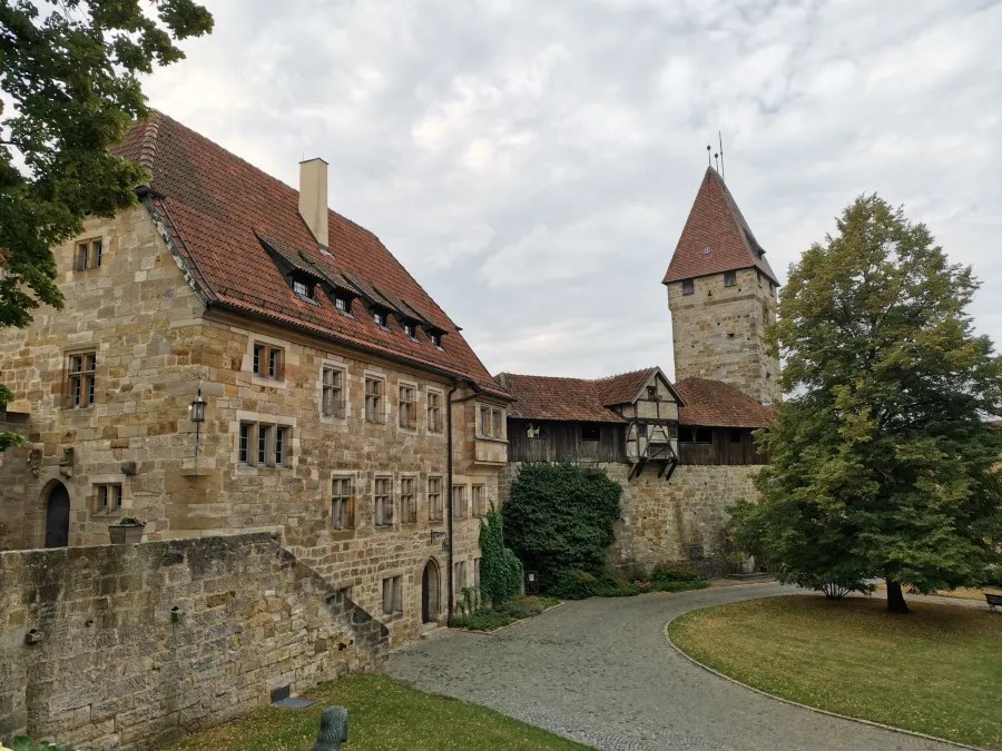 Mittelalterliche Burg mit Steinfassade und spitzem Dach, umgeben von Bäumen und einer grünen Wiese.