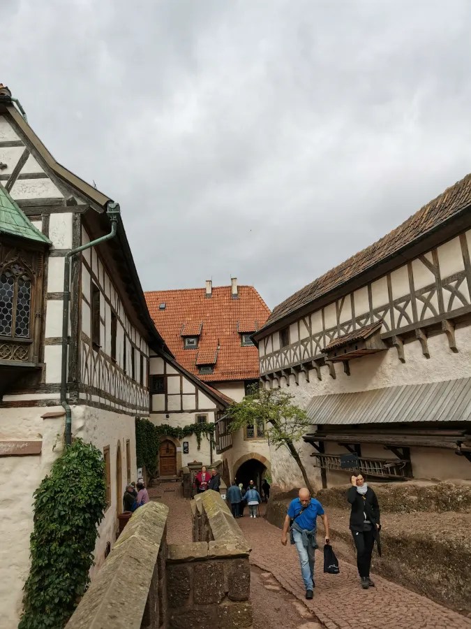 A picturesque cobblestone street lined with traditional half-timbered houses under a cloudy sky, with people walking and a tree in the foreground.