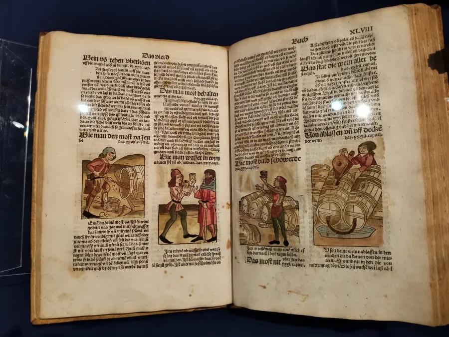 Offenes historisches Buch mit kolorierten Illustrationen und gedrucktem Text auf Pergamentartigem Papier.