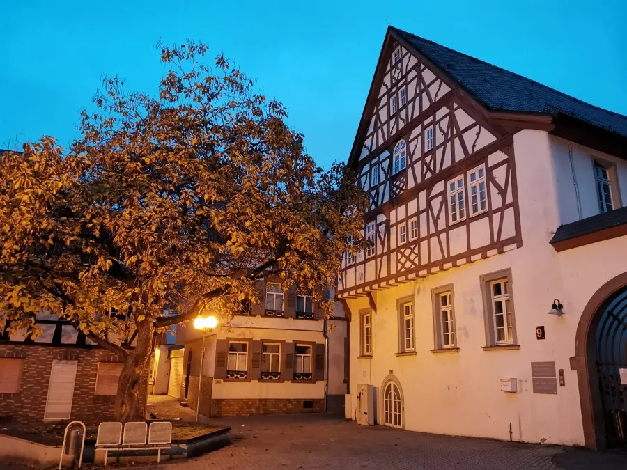 Eine frühherbstliche Stadtansicht von Bingen, Deutschland, mit einem großen Baum im Vordergrund und einem historischen Fachwerkhaus im Hintergrund. Der Himmel hat einen sanften blauen Farbton, während die Straßenlaternen ein warmes Licht spenden.