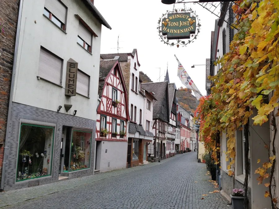 Blick auf eine ruhige, gepflasterte Straße mit Fachwerkhäusern und bunten Weinlauben im Herbst in einem Weindorf.
