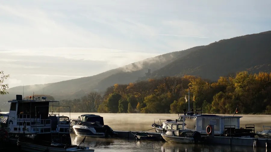 Blick auf einen ruhigen Fluss mit mehreren Booten im Vordergrund, umgeben von herbstlichen Bäumen und einer bewölkten Berglandschaft im Hintergrund.