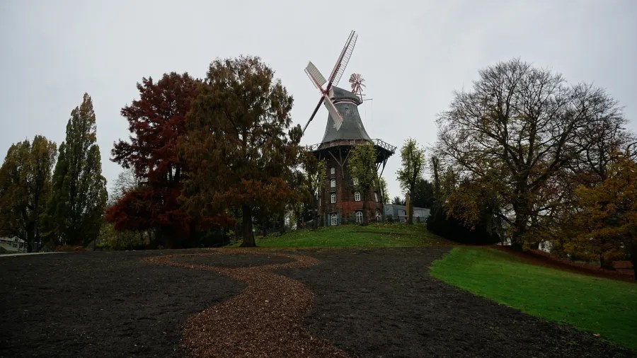 Eine traditionelle Windmühle auf einem Hügel umgeben von herbstlichen Bäumen und buntem Laub, bei trübem Wetter.