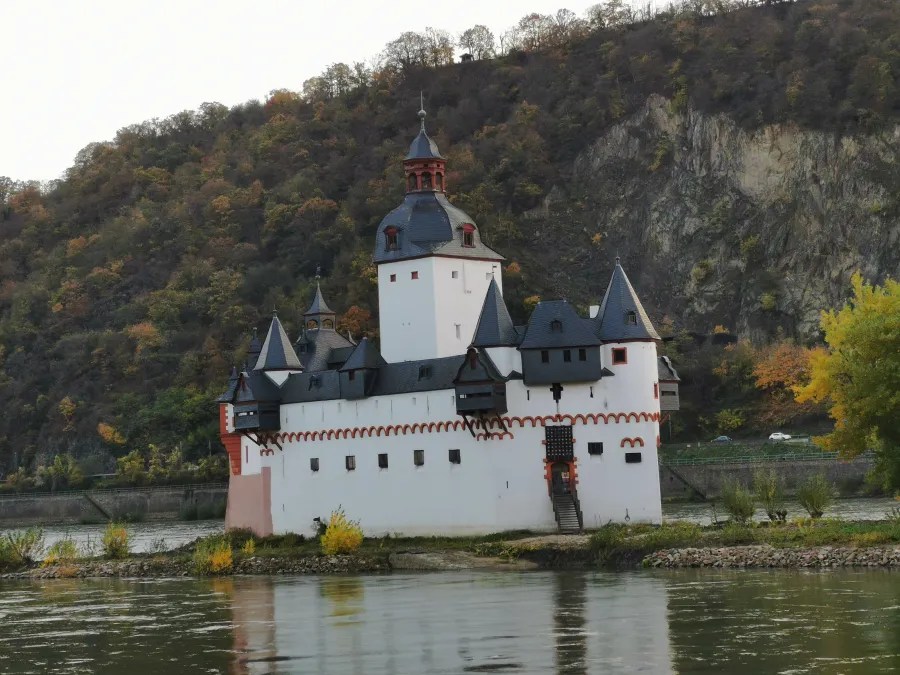 Historische Burg am Rhein mit schwarzem Dach und weißen Wänden, umgeben von herbstlichen Bäumen auf einem Hügel.