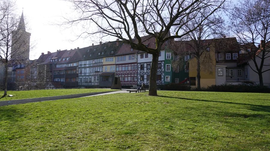 View of a grassy park area with a row of traditional half-timbered houses and a church tower in the background under a clear blue sky.