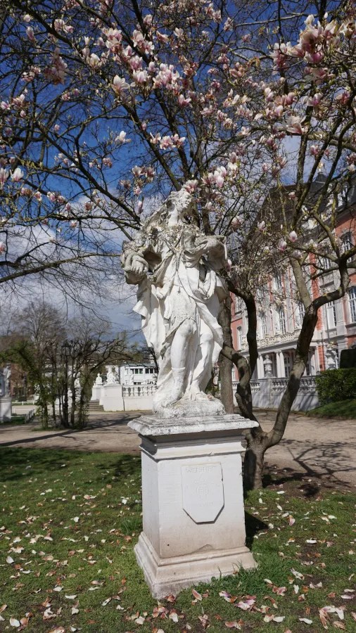 Eine weiße Statue steht vor einem blühenden Magnolienbaum in einem Park.