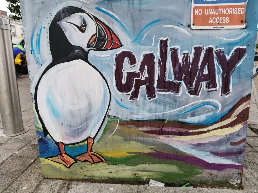Ein bunter Graffiti-Mural eines Papageientauchers neben dem Schriftzug 'GALWAY' auf einer Wand in Galway, Irland.