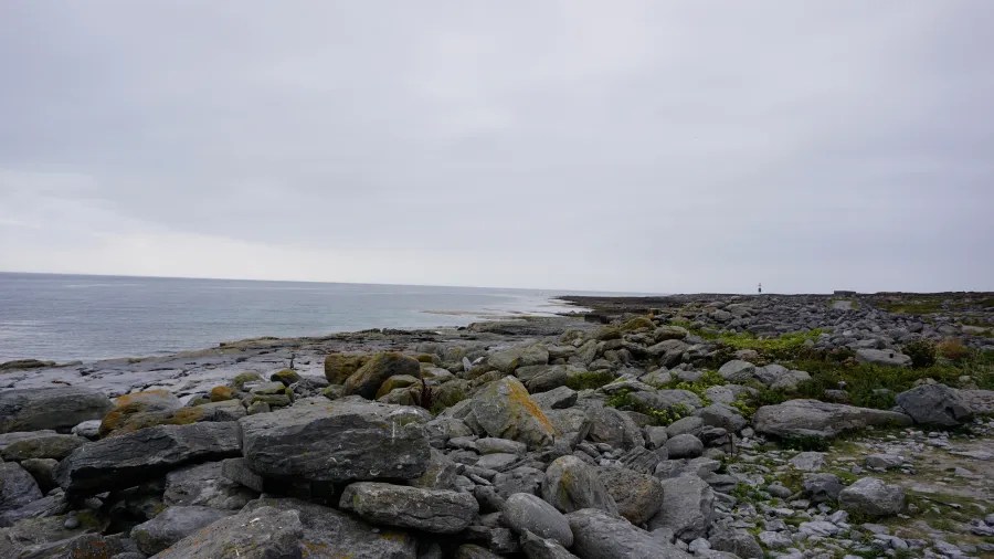 Küstenlandschaft mit rauen Felsen und Blick auf das Meer, bewölkter Himmel im Hintergrund.