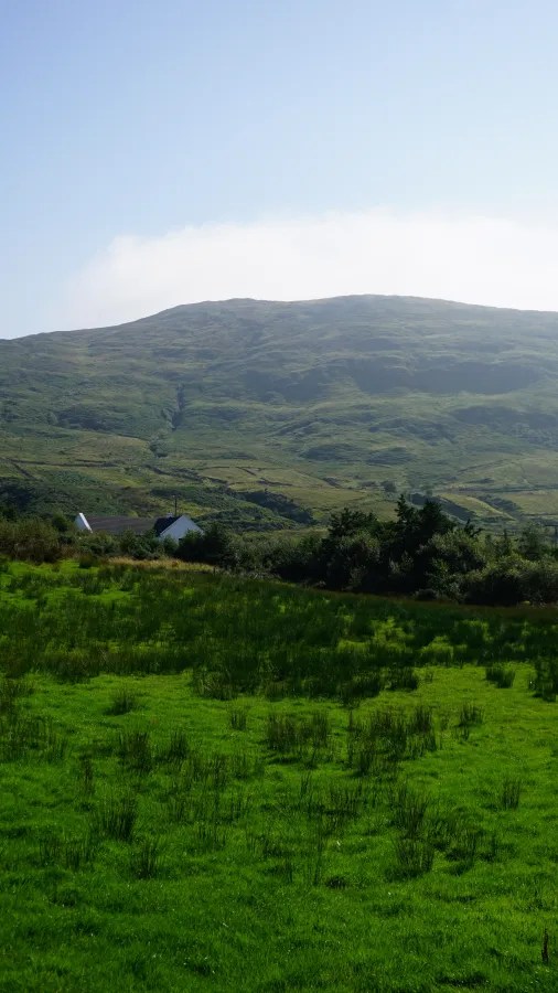 Blick auf sanfte, grüne Hügel und Wiesen unter einem strahlend blauen Himmel in Connemara, Irland.