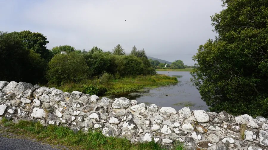 Ein idyllischer Blick auf einen ruhigen See, umgeben von üppigem Grün und einem steinernen Mauerwerk im Vordergrund, der Himmel ist leicht bewölkt.