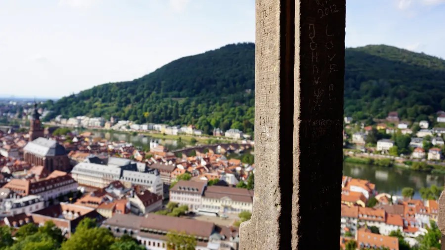 Panoramaansicht über Heidelberg mit dem Neckarfluss und umliegenden Hügeln, aufgenommen von einem historischen Aussichtspunkt.