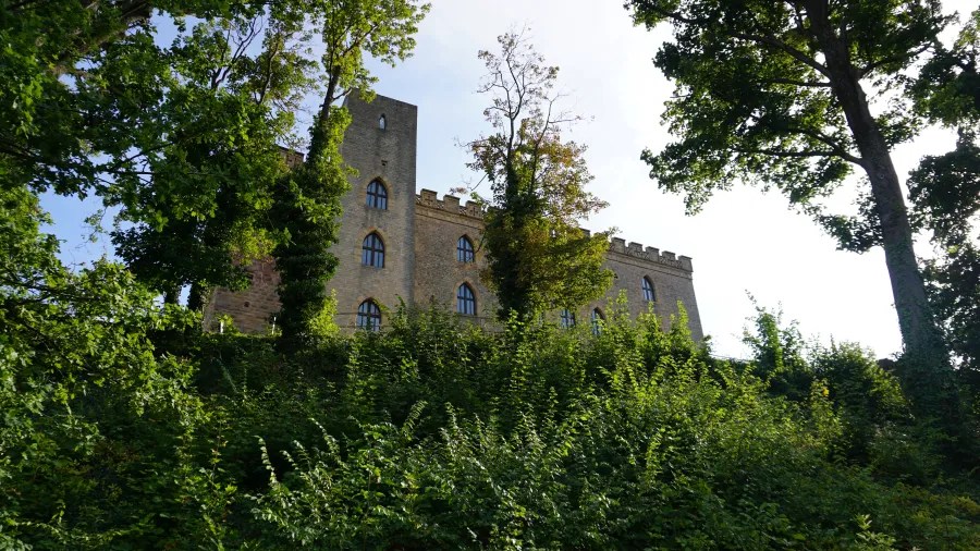 Das Hambacher Schloss, umgeben von Bäumen und Pflanzen, sichtbar von einem Hügel aus.