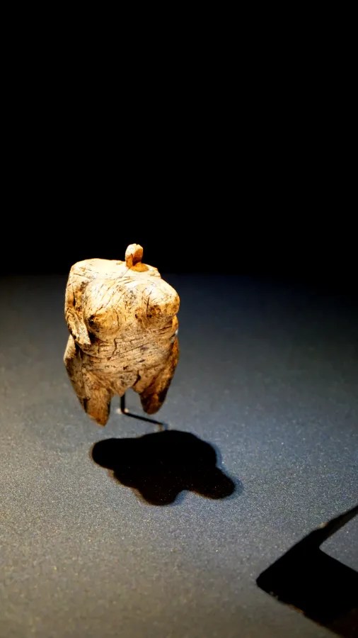 Eine alte Holzfigur, die einen anthropomorphen Körper darstellt, auf einem schwarzen Hintergrund.