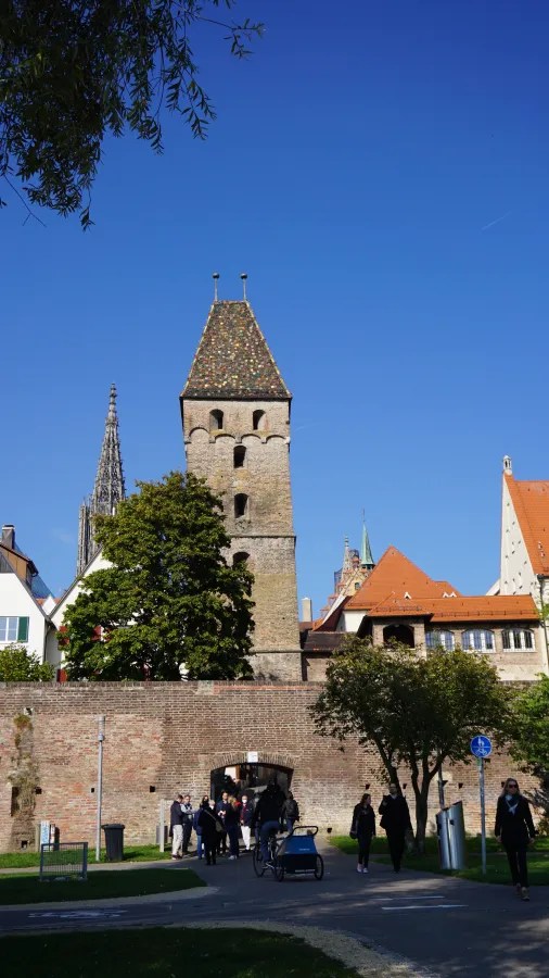 Blick auf einen historischen Turm in Ulm, umgeben von Bäumen und Gebäuden, unter einem blauen Himmel.