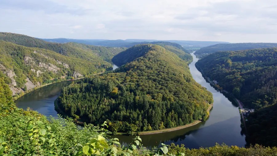 Panoramic view of the Saarschleife, a meandering bend of the Saar River surrounded by lush green forests and hills in Mettlach.