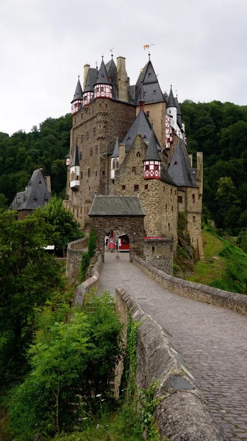 Ein Blick auf eine mittelalterliche Burg mit Türmen und verwinkelten Dächern, umgeben von grüner Landschaft und einem gepflasterten Weg, der zur Burg führt.