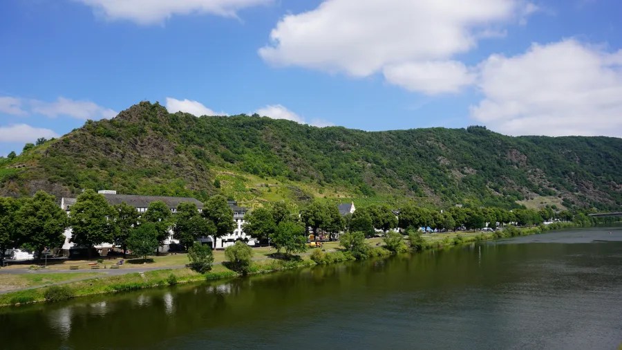 Blick auf den Fluss mit grünen Hügeln und Häusern entlang des Ufers unter einem klaren blauen Himmel.