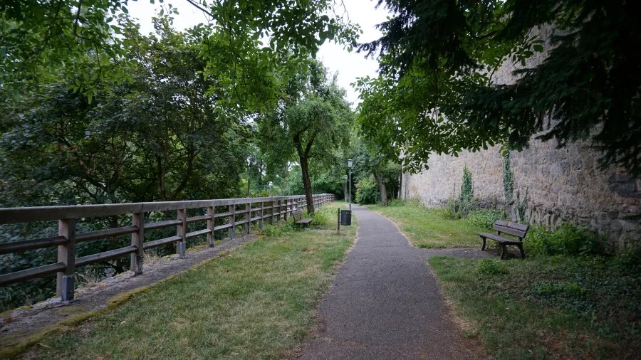 Ein malerischer Weg mit Grünanlagen, Bäumen und einer Holzgeländer entlang einer Steinmauer.
