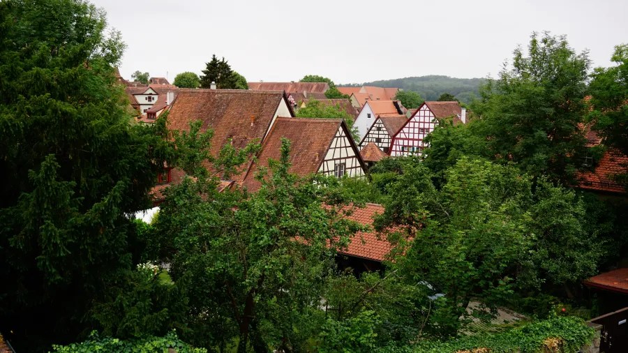Blick auf ein malerisches Dorf mit traditionellen Fachwerkhäusern, umgeben von üppigem Grün und Bäumen.