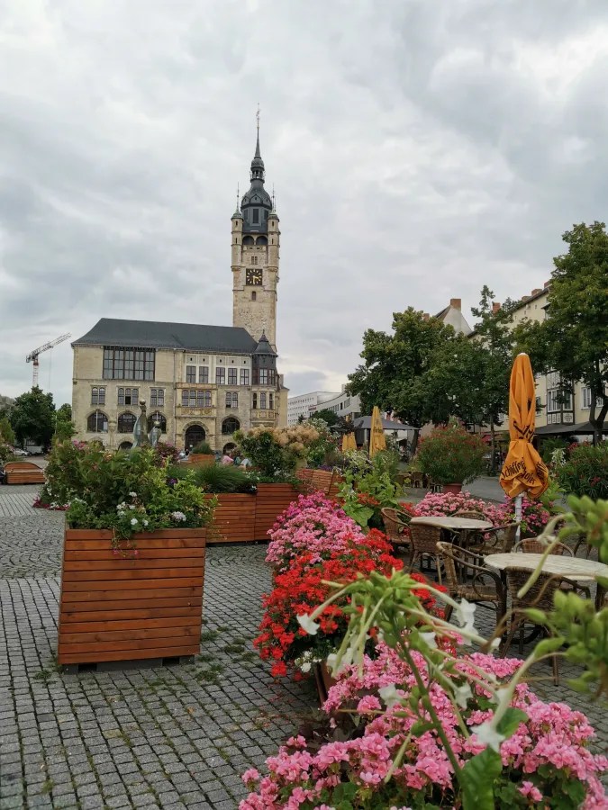 Blick auf ein historisches Gebäude mit Uhrturm, umgeben von blühenden Blumen und Gartenmöbeln auf einem Platz.
