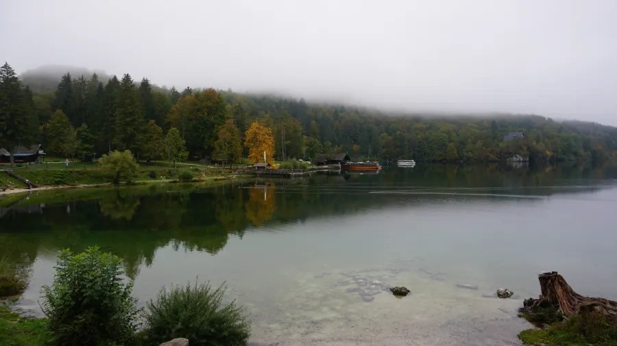 Eine ruhige Landschaft mit einem klaren See, umgeben von grünen Wäldern und bunten Bäumen im Herbst. Der Himmel ist bewölkt, und der Nebel umhüllt die Berge im Hintergrund. Boote liegen am Ufer.