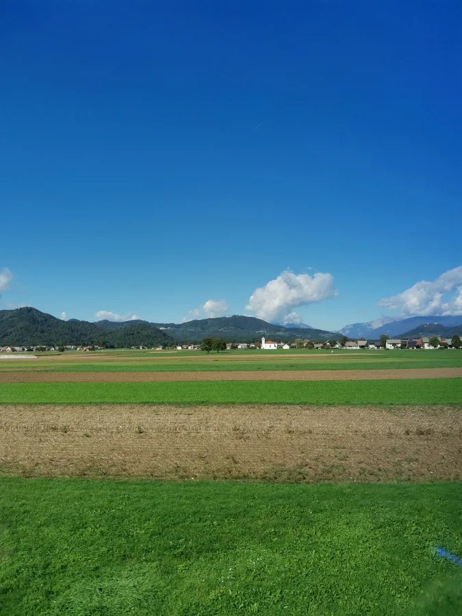 Ein weitläufiges landwirtschaftliches Feld mit grünem Gras und braunen Erntefeldern unter einem klaren blauen Himmel.