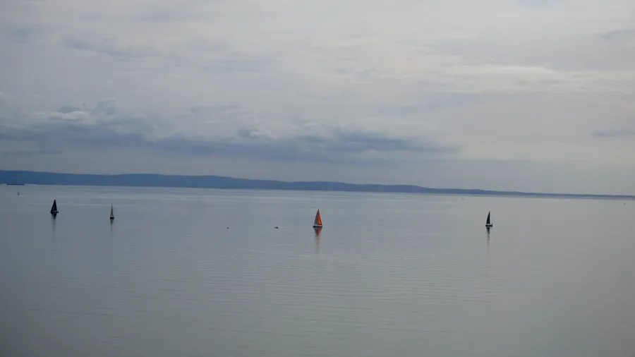 Eine ruhige Wasseroberfläche mit mehreren Segelbooten, die in der Ferne fahren, unter einem bewölkten Himmel.