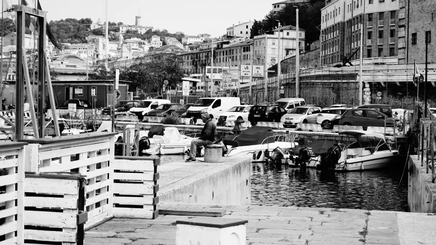 A person sitting on a pier in a marina, with boats, cars, and hillside buildings.