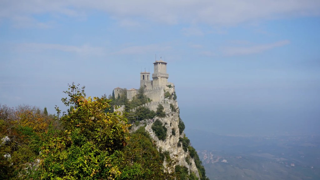 Medieval stone fortress perched on a steep rocky cliff under a clear sky