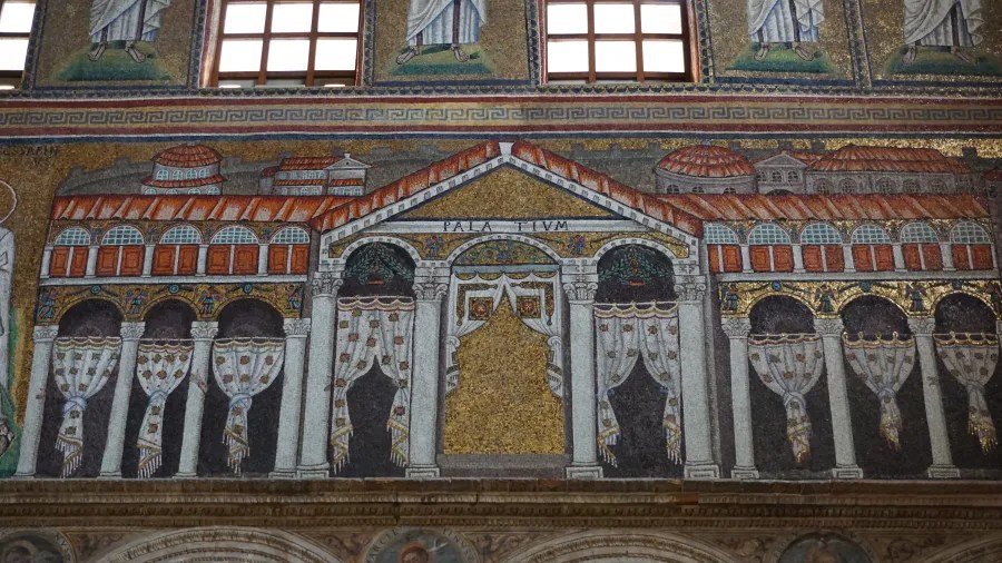 Byzantine mosaic of a colonnaded palace facade with curtains and the text PALA TIVM