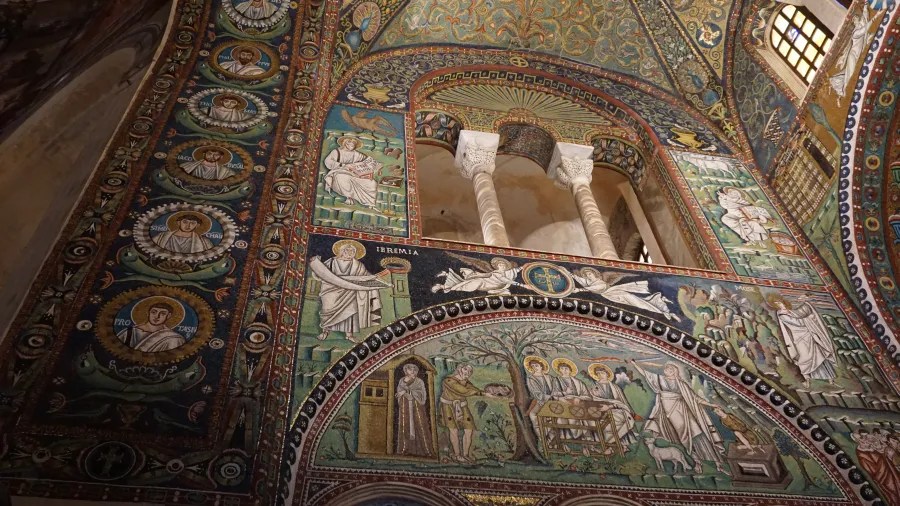 Ornate Byzantine mosaics depicting religious figures labeled IACOB, SIMON, PROTASI, IEREMIA, and MOSE.