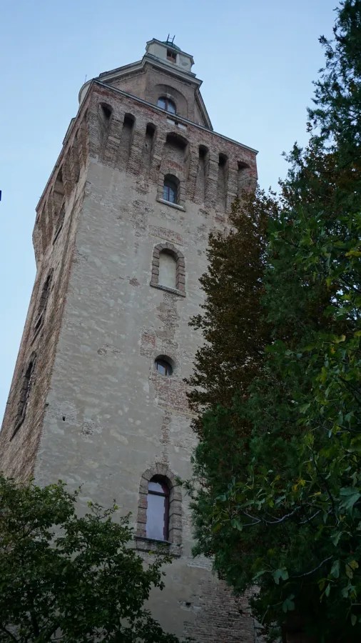 Tall historic masonry tower with arched windows, partially framed by green trees.