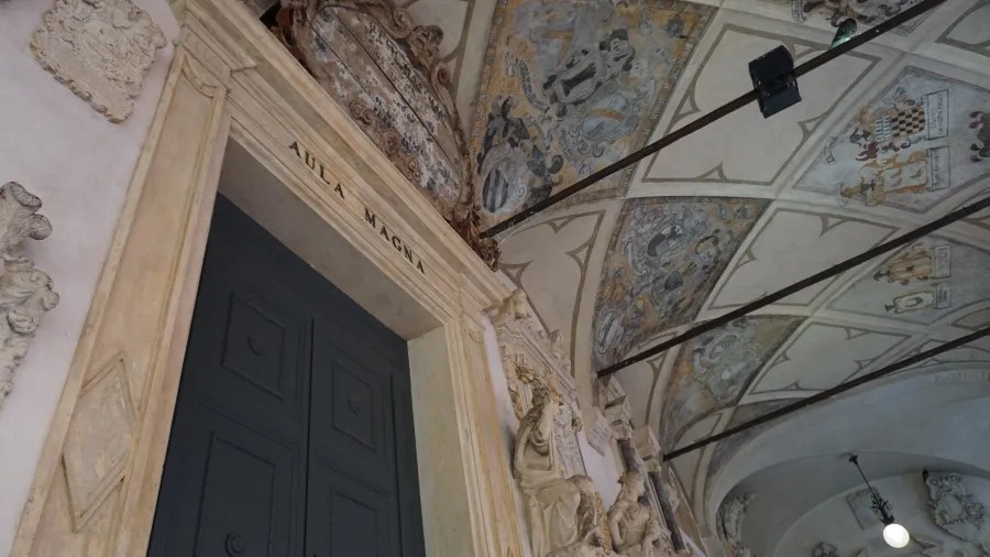 Entrance labeled AULA MAGNA below a vaulted ceiling decorated with historical frescoes and coats of arms.
